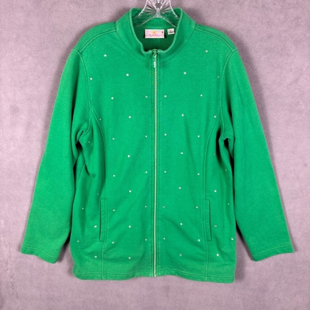 QUACKER FACTORY Rhinestone Zip Front Knit Jacket Green L EUC French Terry Read!